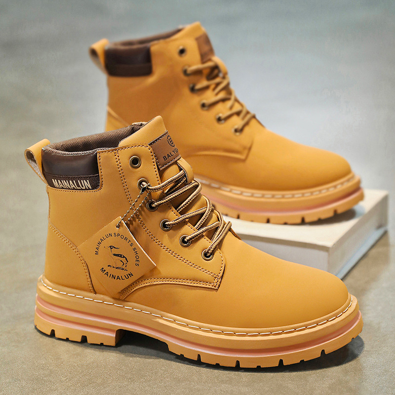 Men'S Shoes Dq - クラシックメンズハイカットブーツ高品質イエローレザーブーツファッションアウトドアスニーカーメンズレースアップ滑り止めアンクルブーツメンズ