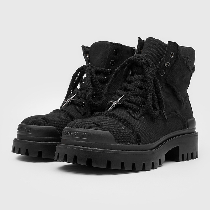 Men'S Shoes Dq - メンズハイカットプラットフォームブーツ厚底カジュアルワークブーツアウトドアキャンバスコンバットブーツ男性耐摩耗性ラグソールハイキングシューズ